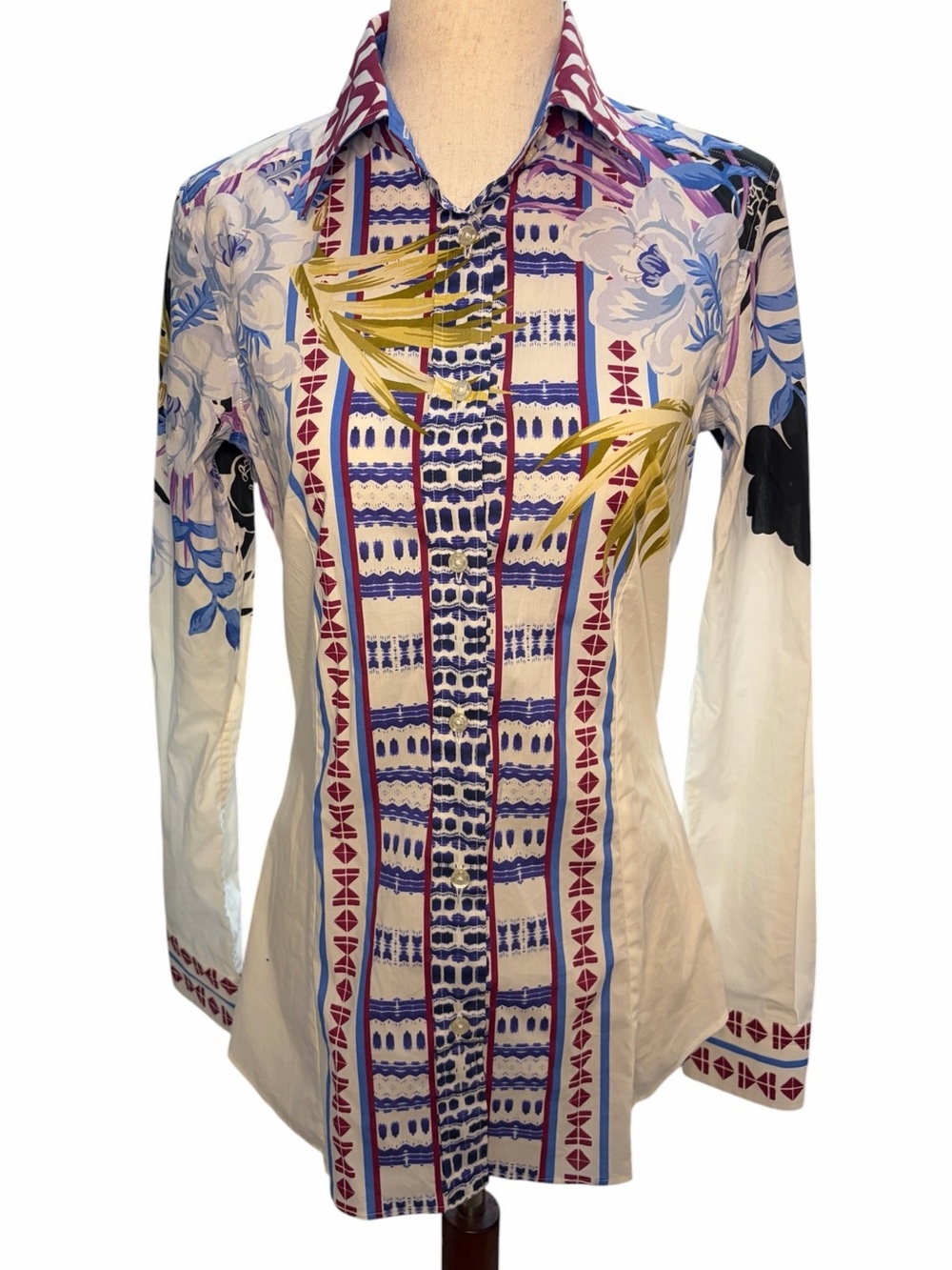 Etro Multicolor Printed Button-Front Shirt in White, Blue, Pink & Yellow